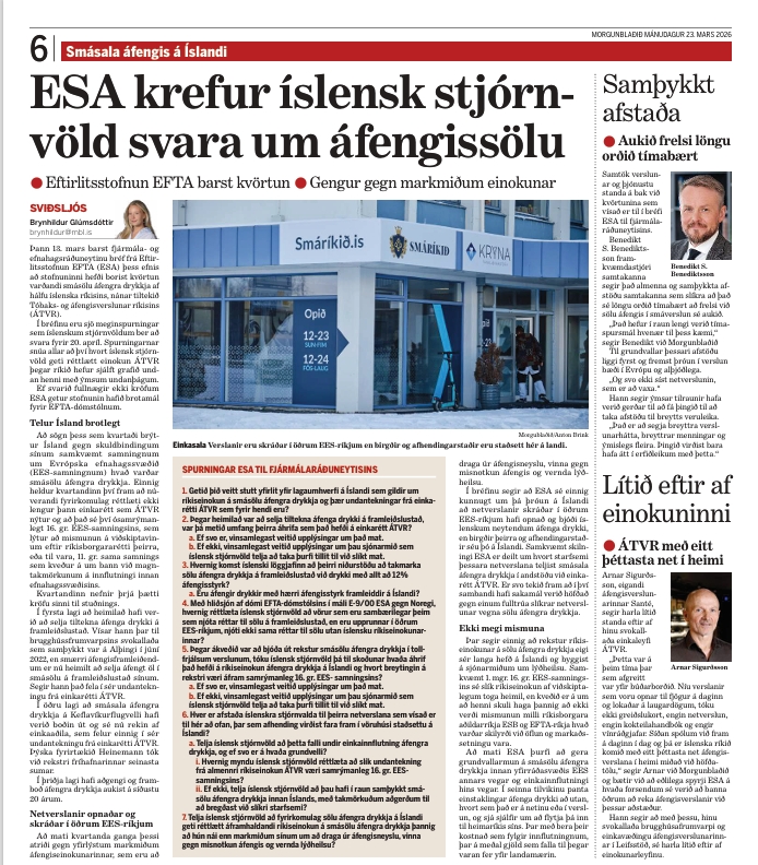 ESA kallar eftir skýringum á áfengisnotkun - spurning um samræmi í regluverki